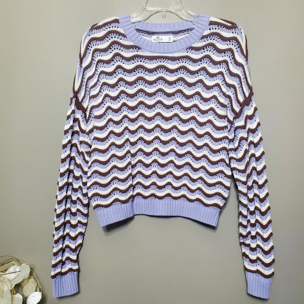 Hollister Sweater Size Medium Purple Brown White Open Knit Wavy Striped Pullover
